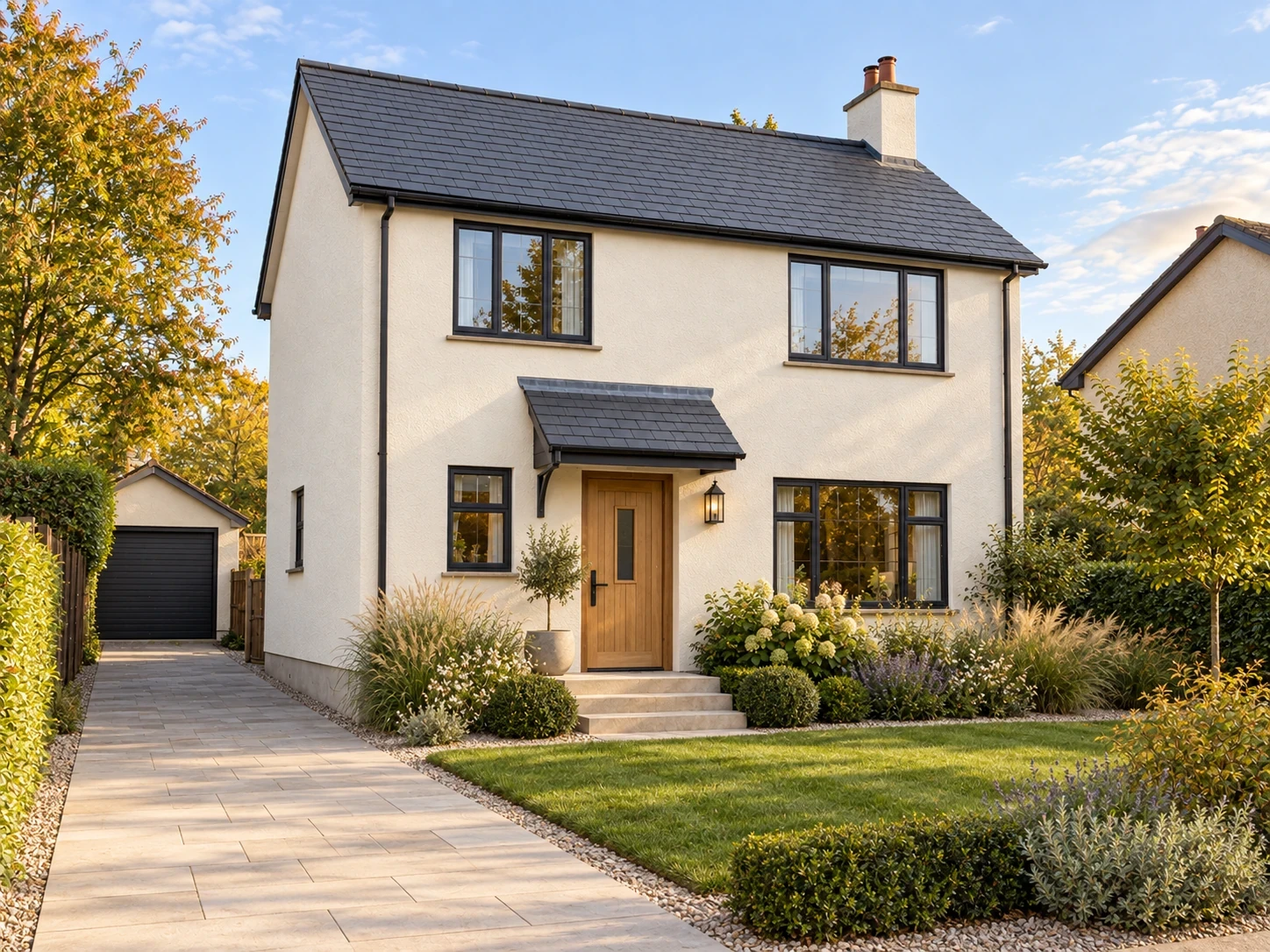 Marketing visualization of a redesigned house exterior and garden: after