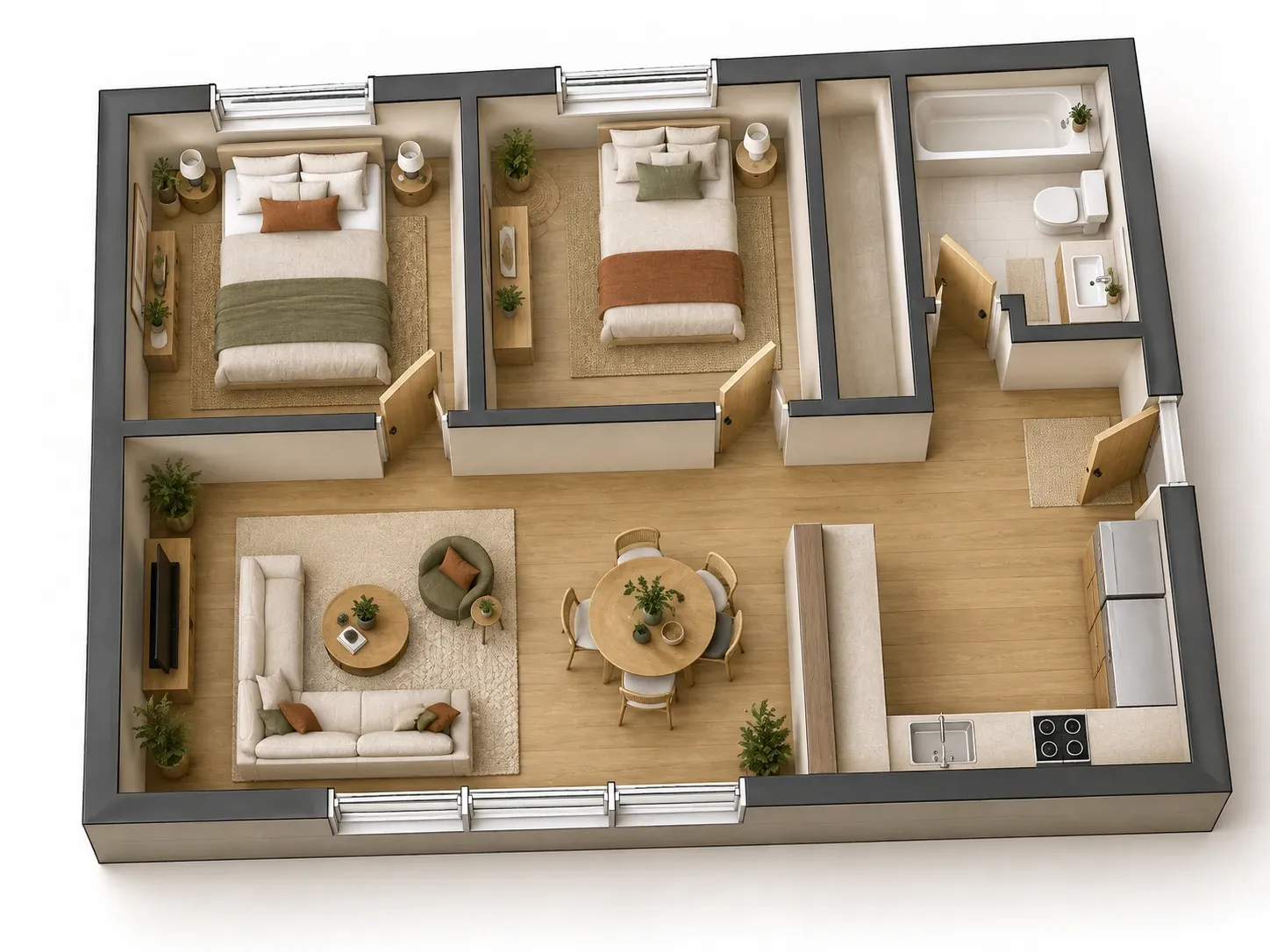 Illustrative furnished apartment cutaway from a floor plan