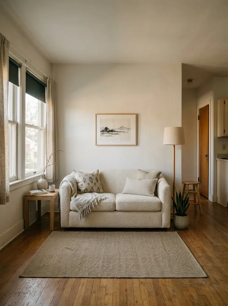 Living room restyled in Japandi — after