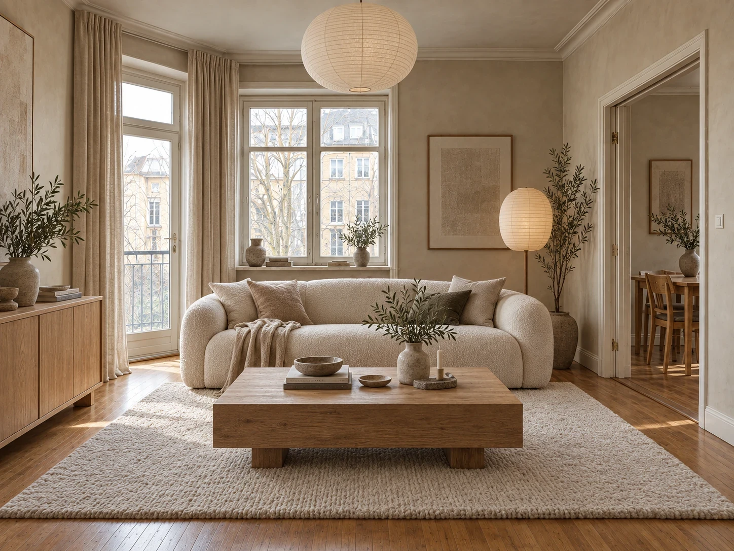 Living room restyled in Japandi: after