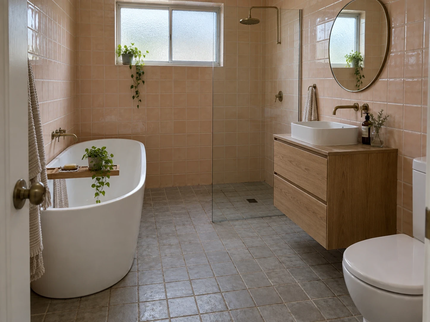 Illustrative bathroom wall and floor finish transformation: before